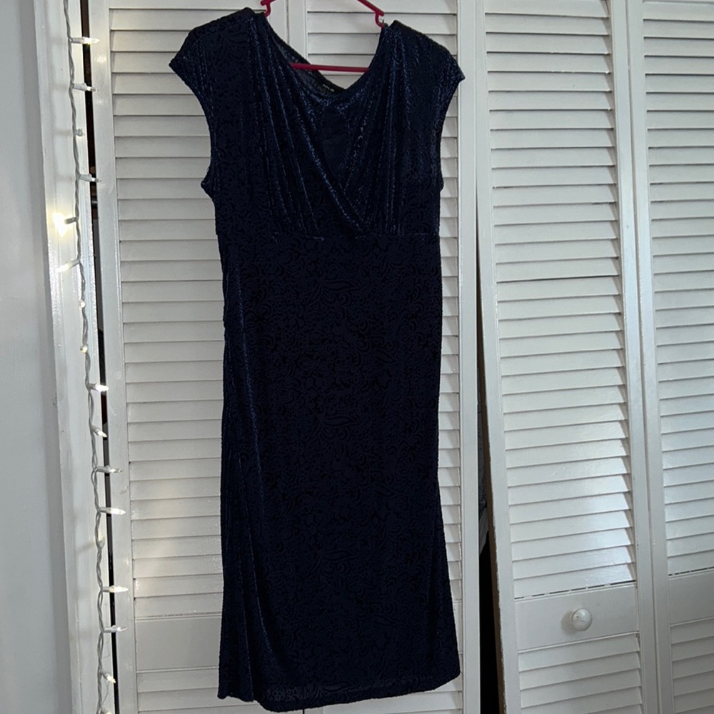 blue velvet evening dress, knee length